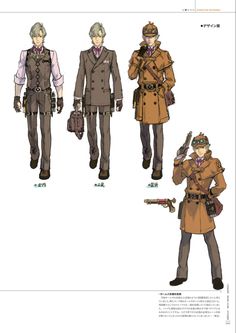 a page from an art book showcasing four different costume variations of a blonde male video game character.  he appears to be a steampunk detective with a different hat and coat in each design variation. the text is in japanese.