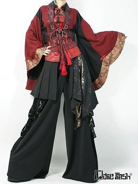 a woman is wearing a stylish outfit. she's wearing a red and black kimono with gold accents, and black pants with intricate details. her look is both elegant and traditional, showcasing the beauty of japanese fashion. the outfit is a beautiful and unique mix of traditional and modern styles.