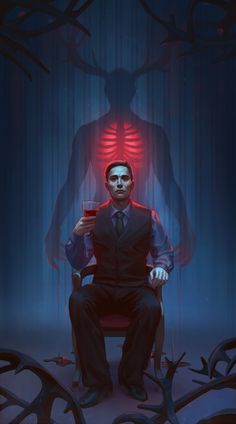 the illustration features a man in a suit sitting confidently on a chair, holding a drink. behind him, a shadowy figure with bright red ribs and large antlers looms, casting an ominous aura. the scene is dramatically lit with a spotlight effect, emphasizing the man and the unsettling figure behind him. the overall palette is dark and moody, using shades of red, brown, and blue.