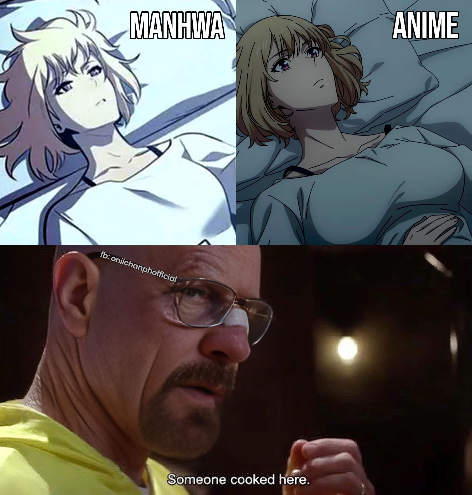 the image contains a meme comparing the art style of manhwa and anime. the top half shows two similar images of a woman lying in bed, labeled "manhwa" and "anime" respectively. the bottom half features a screenshot of walter white from breaking bad with the caption "someone cooked here."