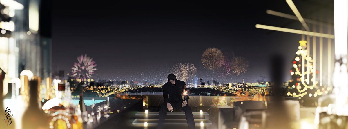 a lone man sits on a rooftop bar overlooking a cityscape lit up by fireworks.  the atmosphere suggests a new year's eve celebration, though the man's solitary presence hints at a sense of loneliness or contemplation amidst the festivities. the blurred foreground implies the viewer is also present at the bar.