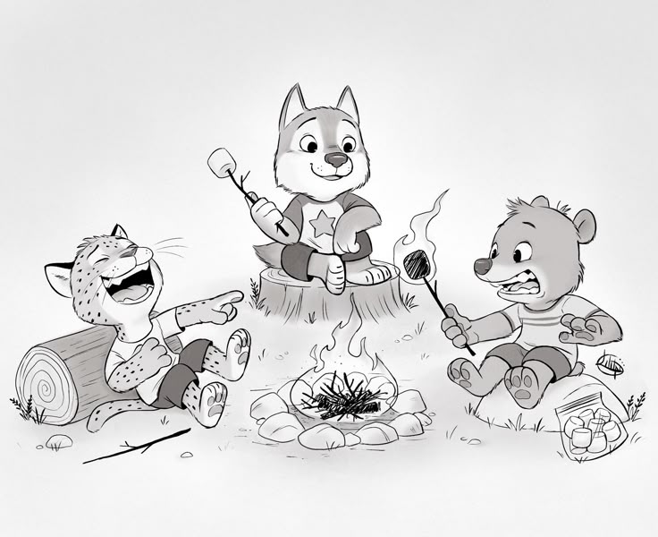 three cartoon animals are sitting around a campfire. a cheetah is laughing while pointing at a bear whose marshmallow is on fire. a wolf sits on a tree stump, holding a marshmallow on a stick. a bag of marshmallows sits beside the bear.