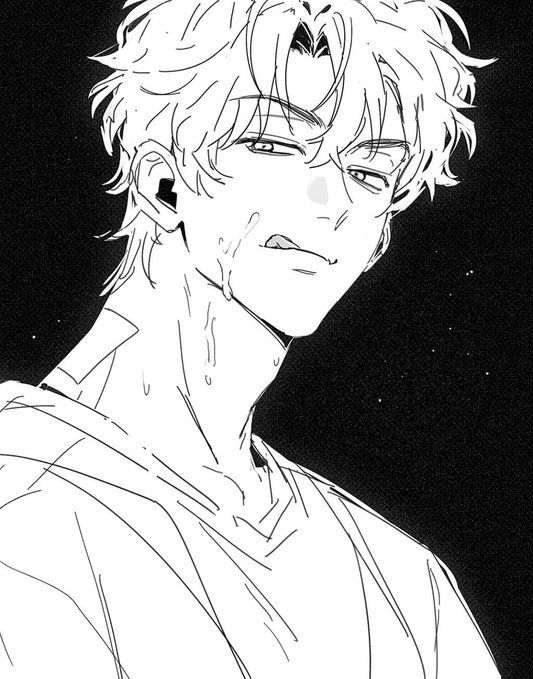 the image is a closeup, monochrome (black and white) line drawing of a young anime or mangastyle male character. he has short, slightly messy hair and is depicted with a somewhat intense or distressed expression.  sweat droplets are visible on his face and neck. he's wearing a simple, hooded sweatshirt. the style is sharp and graphic, with bold lines and a dark background that contrasts with the lighter tones of the character's form. the overall mood is edgy and stylish.