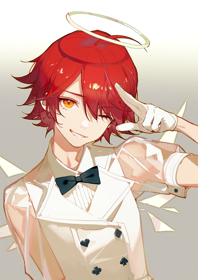 an animestyle illustration features a young boy with vibrant red hair and a halo floating above his head. he's dressed in a crisp white suit, adorned with a dark bow tie and card suit symbols as buttons. one eye is open, revealing an amber hue, while the other is playfully closed in a wink. his gloved hand is raised, fingers forming a peace sign.