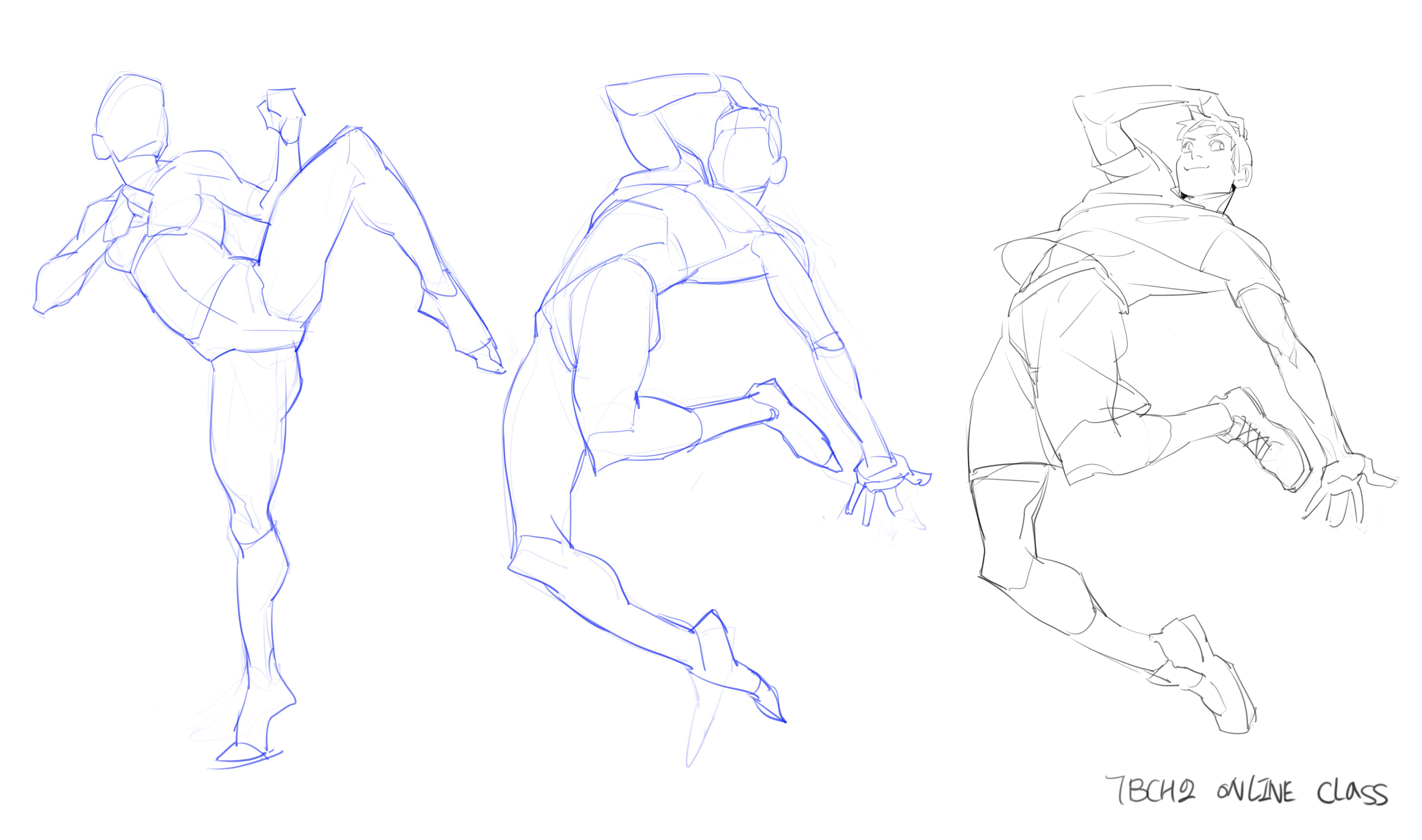 the image contains three dynamic figure drawings, seemingly done in blue ink or a similar light blue pencil.  each drawing depicts a person in a different active pose: one is shown kicking, another appears to be midleap, and the third is in a twisting, airborne posture. the style is loose and gestural, focusing on capturing the movement and overall form of the figures rather than detailed rendering.  the drawings are labeled "7bch2 online class," suggesting they were created during an online art class focusing on figure drawing.  the style suggests the sketches are likely quick studies, focusing on capturing energy and movement.