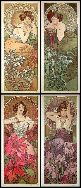 the image presents a collection of four art nouveaustyle lithographs or decorative panels, likely created by alphonse mucha. each panel features a portrait of a woman representing a different season or flower, surrounded by circular motifs and detailed floral backgrounds. the artwork embodies the elegance and femininity characteristic of the belle époque, with its muted colors, symbolic elements, and intricate botanical details. the subjects, "la rose", "le lys", "l'oeillet", and "l'iris", are clearly identified by their names, alluding to specific flowers or seasons, enhancing the artistic and decorative appeal of each composition.