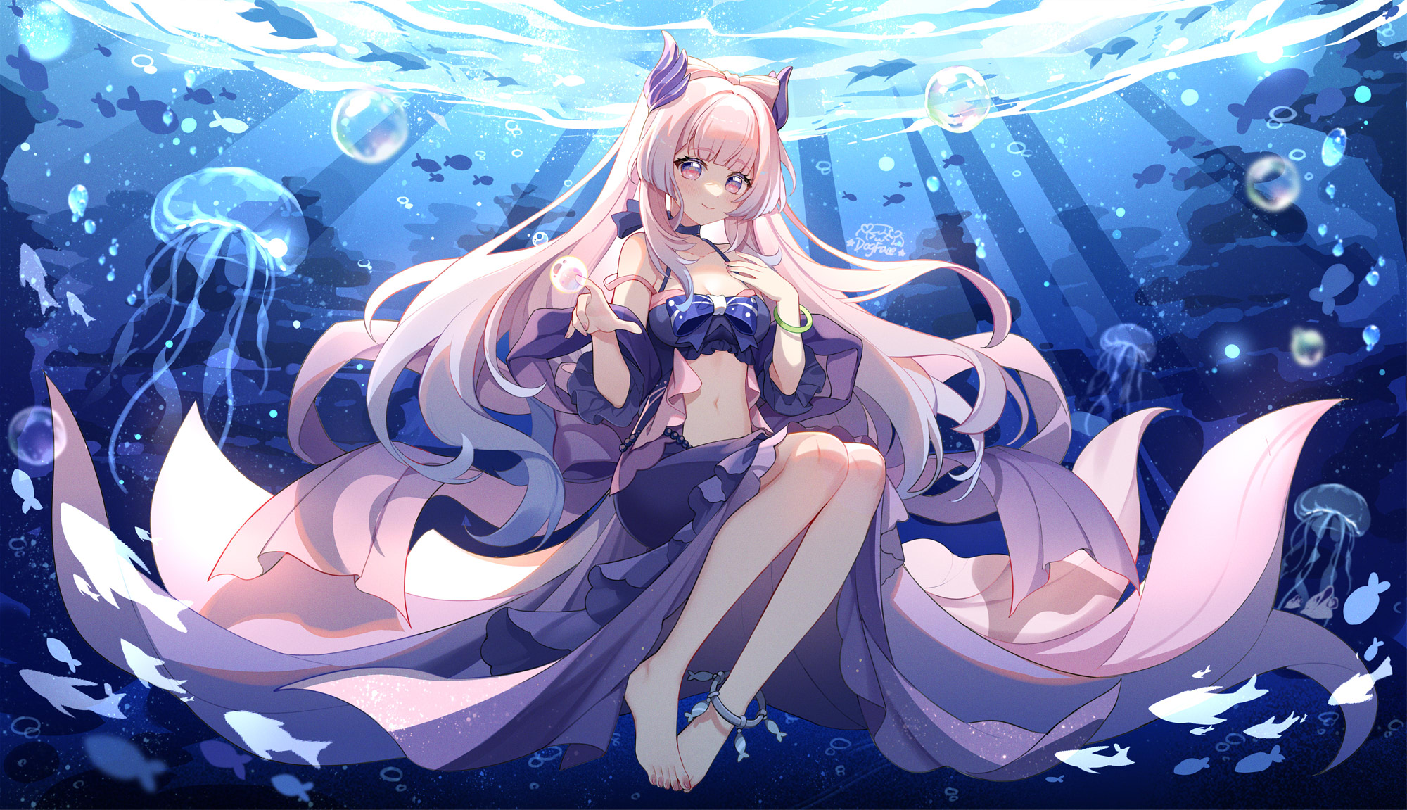 an anime girl with long flowing white hair and purple horns is sitting underwater, wearing a purple dress. she's surrounded by jellyfish, fish, and bubbles, with rays of sunlight filtering through the water.