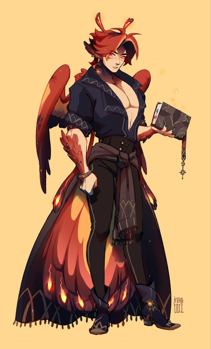 a digital illustration of an anime character with red hair and wings. he is wearing a black shirt, pants, and boots. he is holding a book in his left hand. his wings are red and yellow. the background is a light yellow color. he looks like a sorcerer or a wizard, and the image is in a fantasy style.