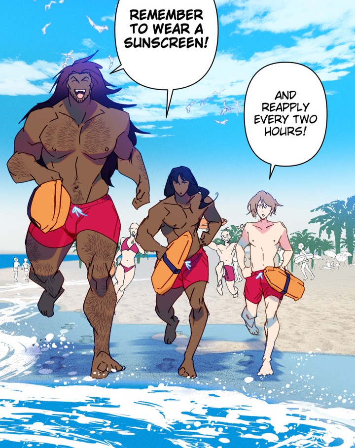 the image is a colorful cartoon illustration set on a sunny beach.  four muscular men, three of whom appear to be lifeguards, are running along the shore. the lifeguards are wearing red swim trunks and carrying rescue boards. one of the lifeguards is notably larger and hairier than the others.  there are other beachgoers in the background, including a woman in a bikini. two speech bubbles highlight the importance of wearing and reapplying sunscreen. the overall style is bright, vibrant, and energetic.