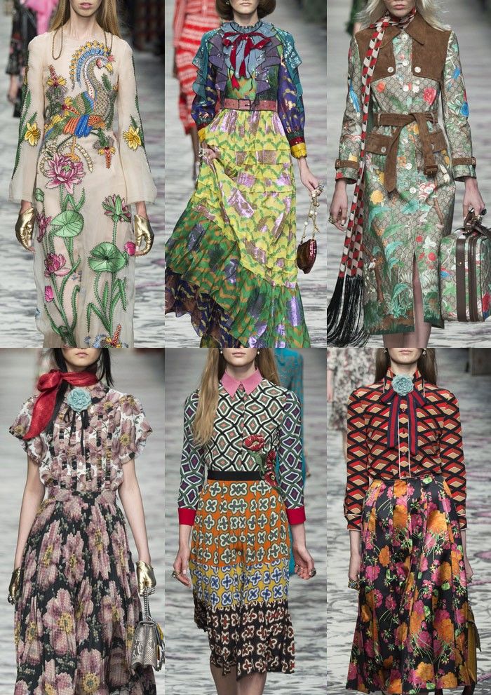 the image showcases a collage of six different runway models wearing various gucci outfits. each model presents a unique style, combining different prints and patterns.  the dominant theme is richly patterned clothing with floral, paisley, geometric, and embroidered designs in vibrant colors. the outfits consist of dresses, skirts, and blouses. the overall aesthetic points to a high fashion, autumn/winter collection characterized by eclectic and bold patterns. the models are elegantly posed on a runway, highlighting the garments' details and designs.