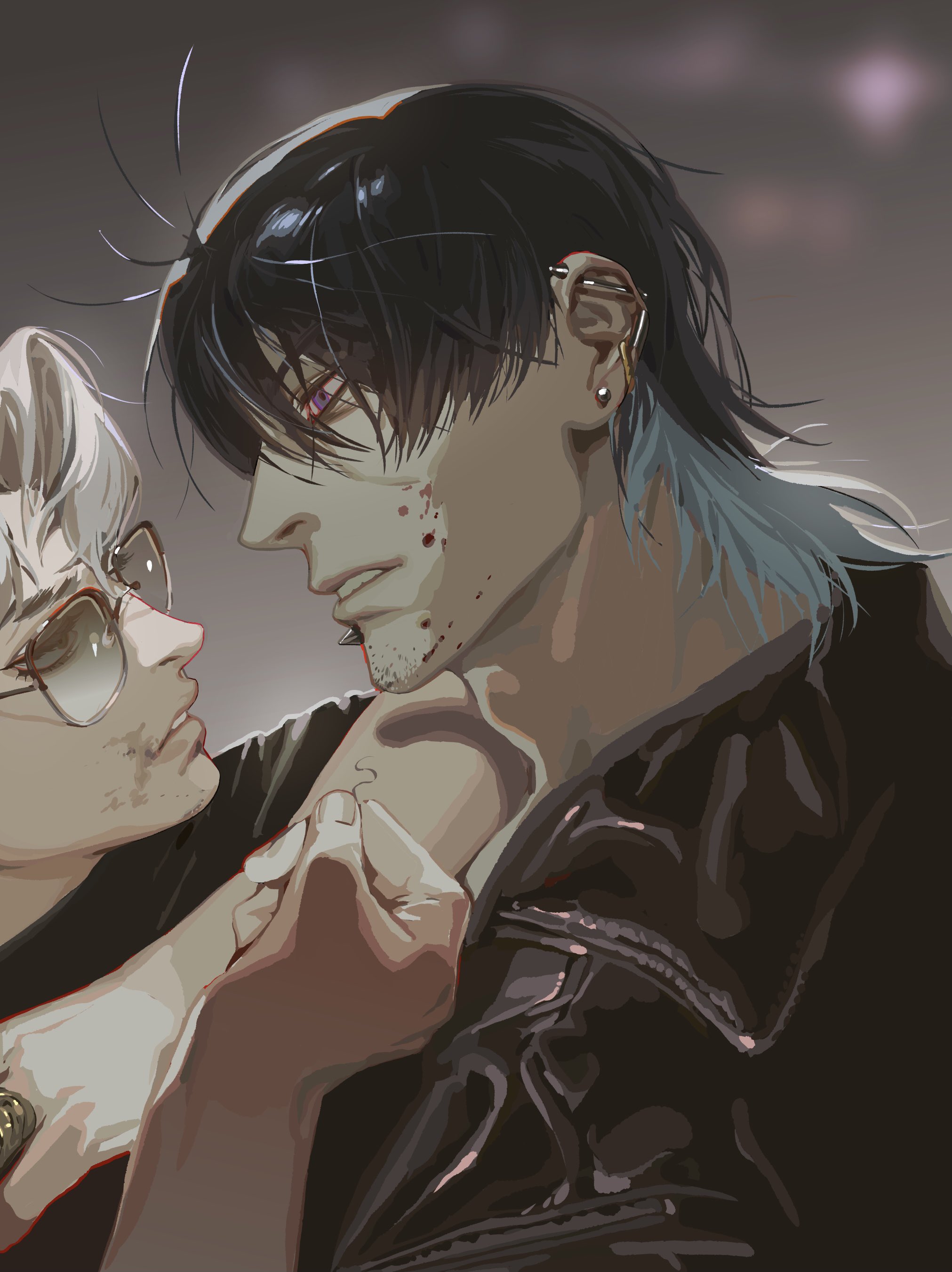 the image is an animestyle illustration of two men in a close embrace. the man on the right has dark hair with blue streaks, red eyes, multiple piercings in his ear, blood on his face, and is wearing a black leather jacket. the man on the left has white hair, wears glasses, and has a gold ring. the two are holding hands and looking at each other intensely. the overall tone is dark and edgy.