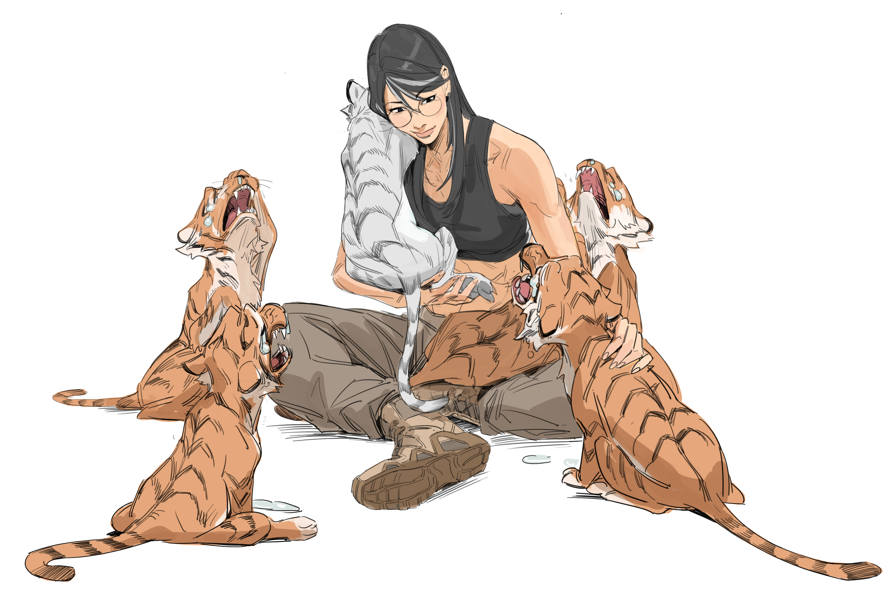 the image is a digital drawing or painting of a young woman with dark hair and glasses sitting on the ground and cuddling with several tiger cubs. one of the cubs is orange and white and one is a light grey and white color.  the woman is wearing a sleeveless top and pants, and has a relaxed and happy expression. the scene is set against a plain white background. the style is somewhat reminiscent of anime or manga.