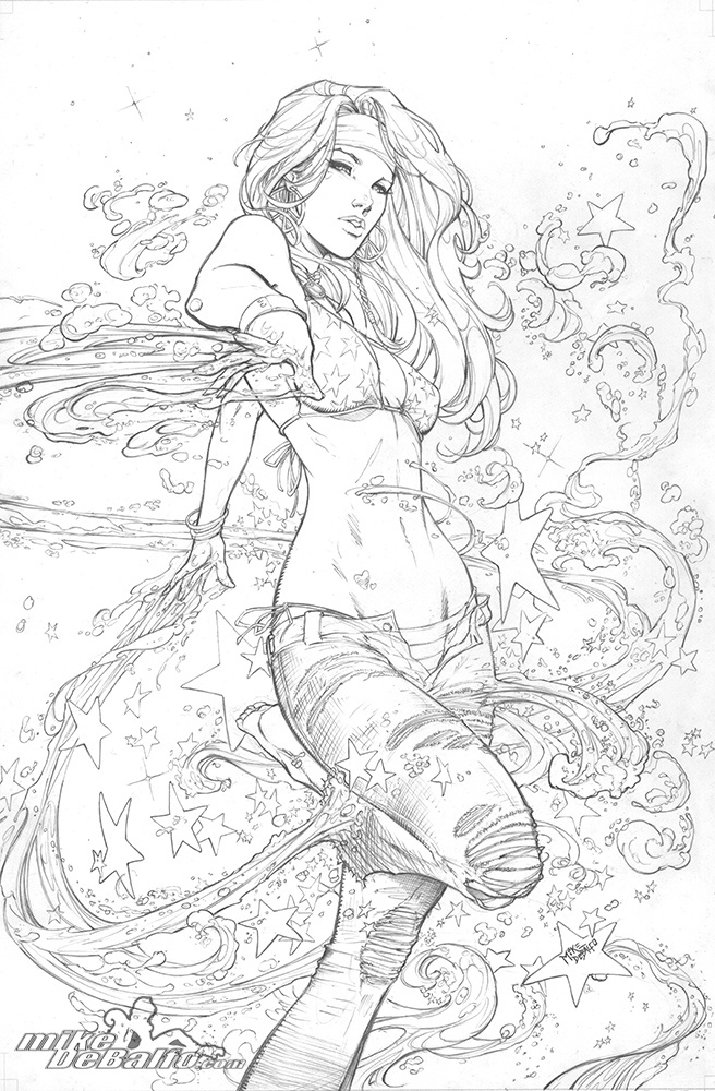 a line art sketch of a woman with flowing hair and a flowing dress that is surrounded by stars, water, and clouds. she looks powerful and magical.