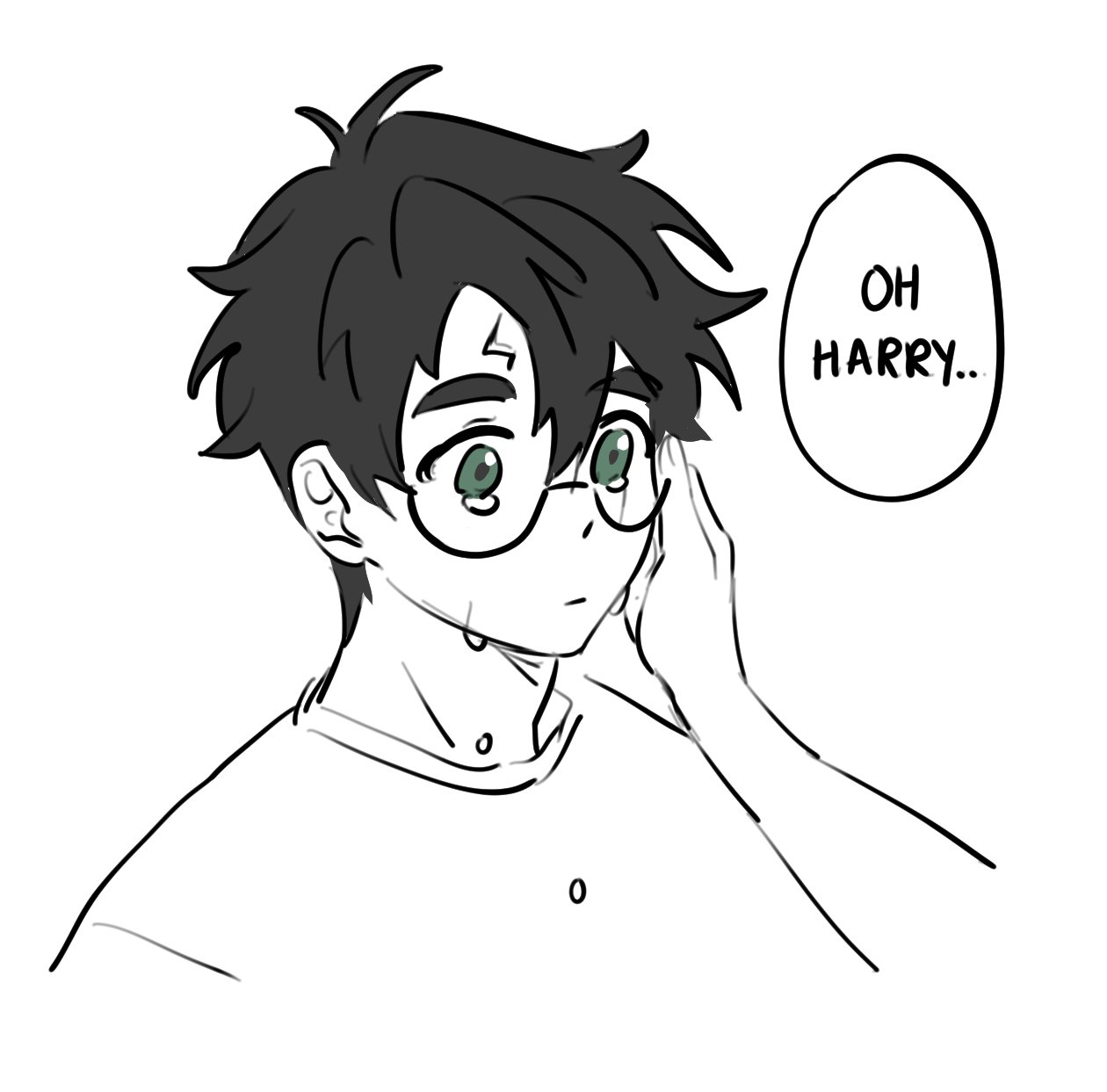 the image is a black and white animestyle drawing of a boy who appears to be harry potter. he is wearing glasses and has a lightning bolt scar on his forehead. he looks surprised or shocked, and a speech bubble above him says "oh harry...". the drawing style is simple and slightly sketchy.