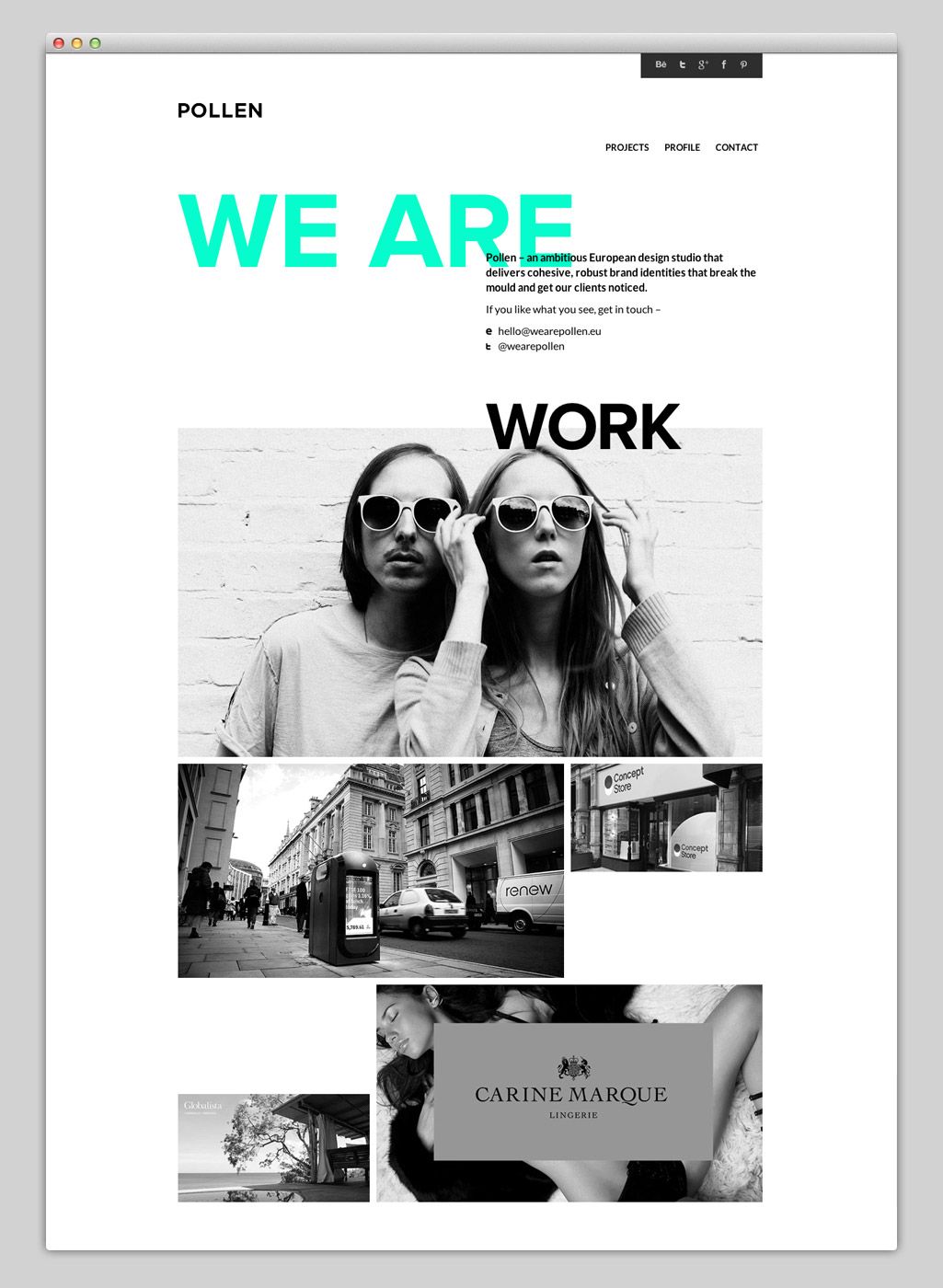 the image shows the website of pollen, an ambitious european design studio that delivers cohesive and robust brand identities. the website is clean and minimal, with a black and white color scheme. the website features a large image of two women wearing sunglasses, along with smaller images of previous projects. the website also includes contact information and social media links.