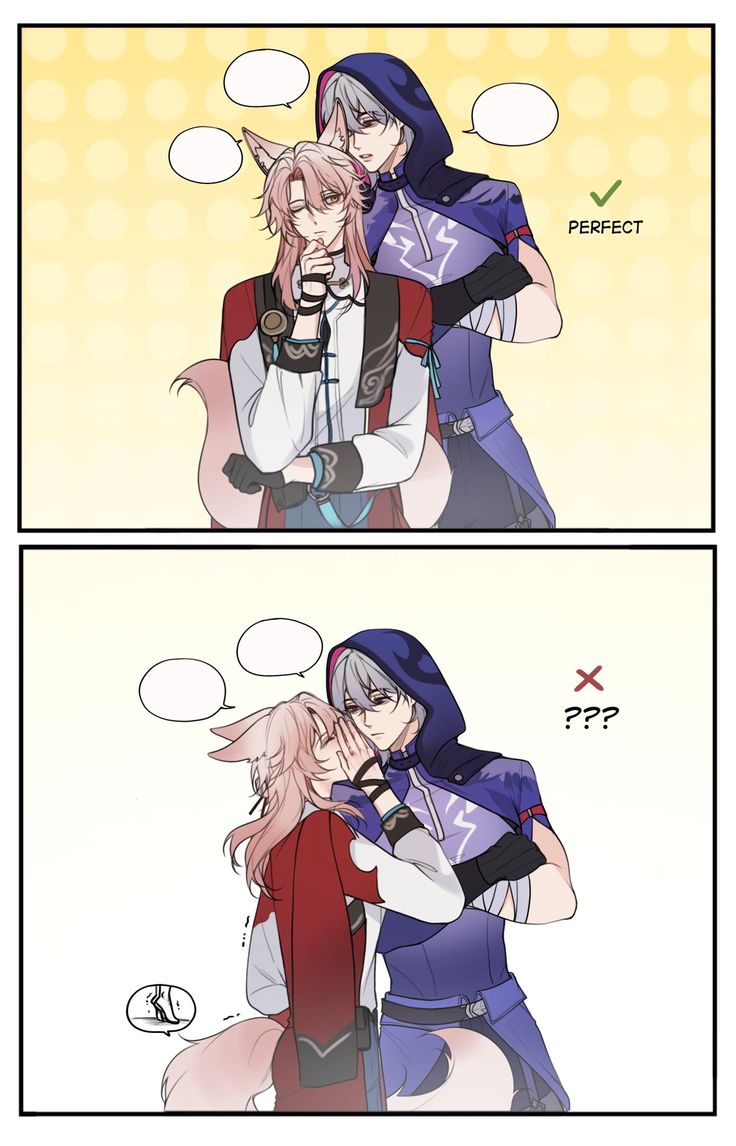 he image is a twopanel comic featuring fanart of xiao and heizou from genshin impact.  the top panel depicts a hug between them, labelled "perfect," showing xiao with his arm comfortably around heizou. the bottom panel shows a similar scene but with heizou slightly less comfortable, hiding his face and labelled with a cross and "???".  both panels include speech bubbles and character expressions reflecting the difference in the portrayed interactions. the art style is clean, with soft lines and muted colors. the overall tone is lighthearted and suggestive of a romantic relationship between the characters.
