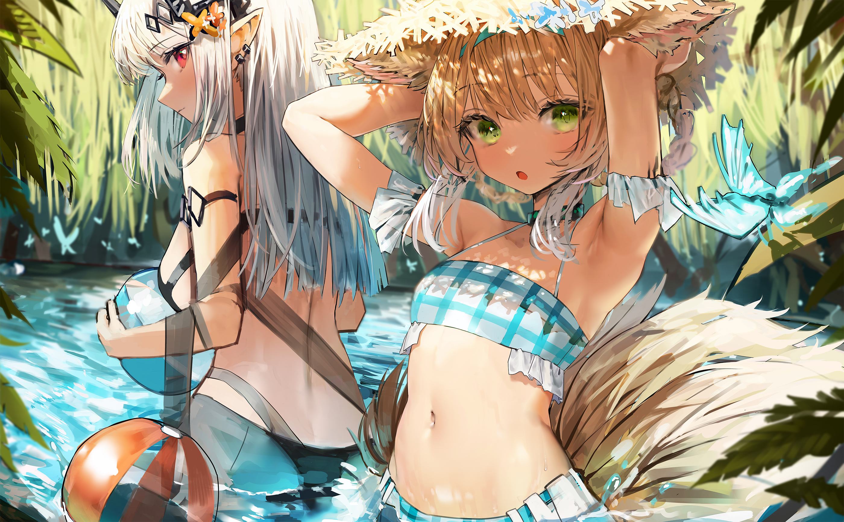 he image shows two anime girls enjoying a day at the beach. one girl has white hair and horns, while the other has blonde hair and a straw hat. they are both wearing bikinis and appear to be having fun in the water. the scene is set in a lush natural environment, with plants and leaves surrounding the stream. the art style is vibrant and colorful, with soft shading and detailed features. the overall mood is lighthearted and playful.