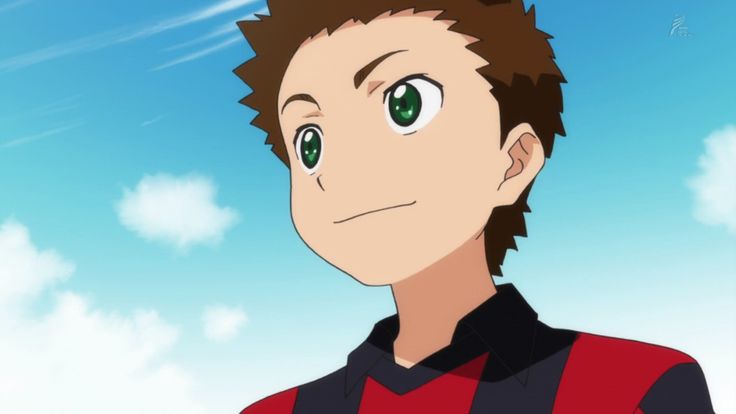 the image shows a young anime boy with brown hair and green eyes looking upwards with a gentle smile. he's wearing a red shirt with a black collar and is standing in front of a blue sky with white clouds.