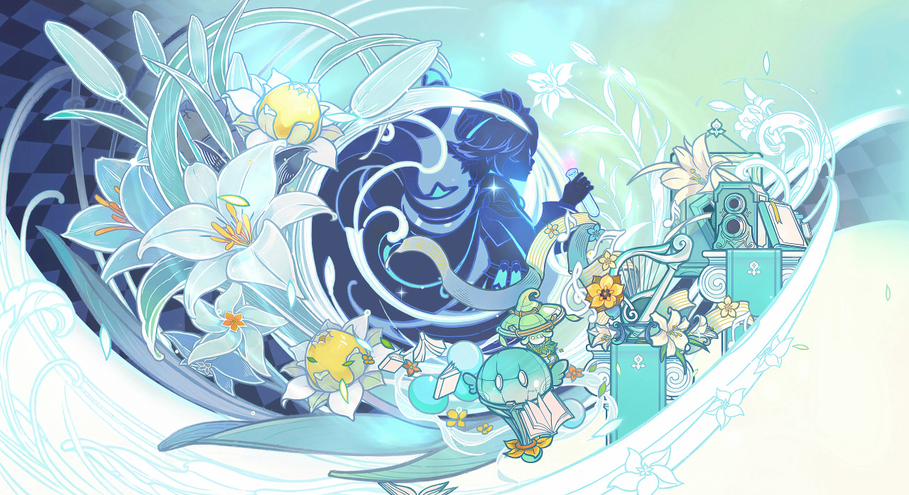 the image is a whimsical and magical illustration featuring a young girl character in a flowing blue dress, surrounded by swirling patterns, delicate flowers, and musical instruments. the girl is holding a potion bottle and appears to be enchanting the scene around her. the image evokes a sense of wonder and enchantment, with a soft and ethereal color palette. the flowers are lilies, a symbol of purity and elegance, and the harp and the potion suggest a magical and mystical atmosphere. the overall effect is dreamlike and captivating, suggesting a world of fantasy and imagination.