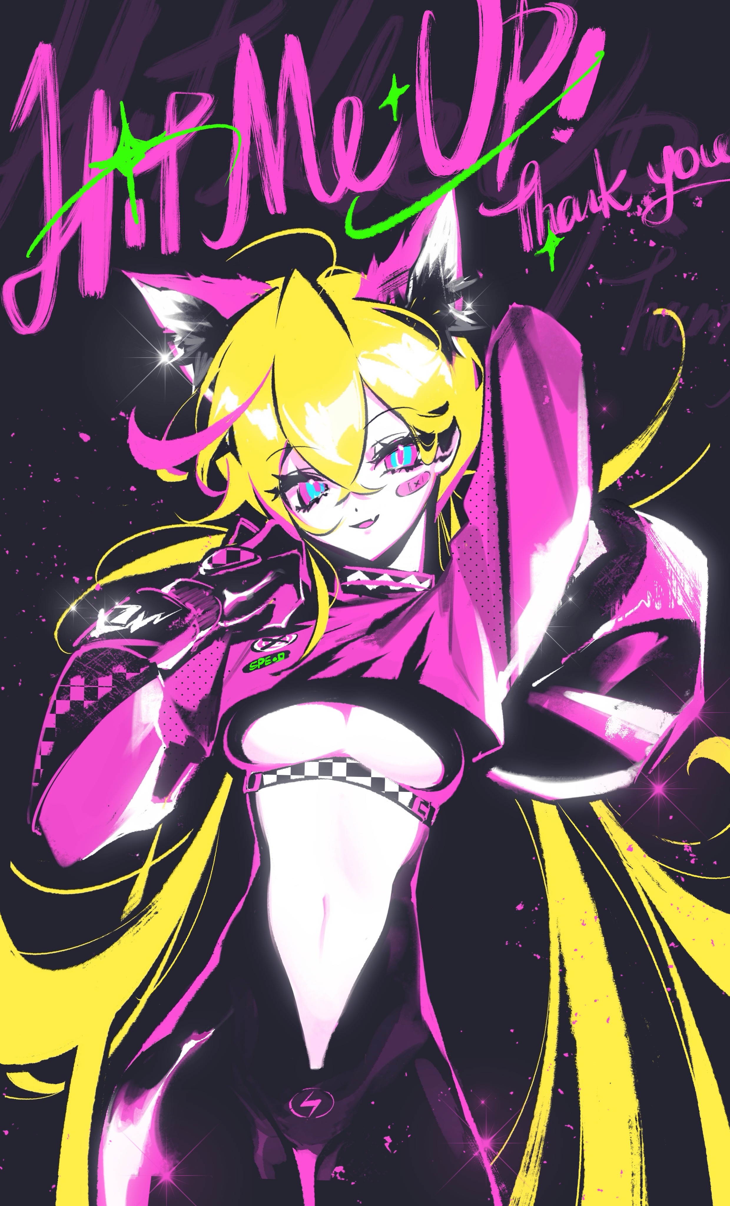 the image is a vibrant digital artwork featuring an animestyle female character.  she has long blonde hair, cat ears, and is wearing a revealing, sporty outfit with a pink and black checkerboard pattern. the character is posed confidently, and the overall style is bold and dynamic, incorporating neon colors and a graffitistyle text element that says "hip me up! thank you". the background is dark and speckled with light. the piece has a strong sense of energy and movement.