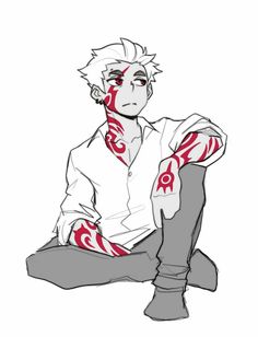 a stylized drawing of a young man with white hair and intricate red markings across his face, neck, arms, and hand. he is seated with his knees bent and one arm resting on his leg. he wears a partially unbuttoned white shirt and dark pants. the background is plain white, and the overall style is reminiscent of anime or manga. the drawing appears to be a sketch or line art, with minimal shading.