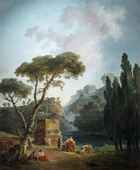 the image is a landscape painting featuring a classical or idyllic scene. in the foreground, a group of people are gathered near some ancient ruins or a tomb. one figure is seated on the ground with a dog nearby, possibly a shepherd. a flock of sheep grazes nearby. the scene is framed by trees, including tall cypress trees on the right. a river or lake flows through the middle ground, with a waterfall cascading from the mountains in the background. the sky is filled with clouds, and a small structure can be seen atop a distant cliff. the overall style suggests a pastoral or classical theme.
