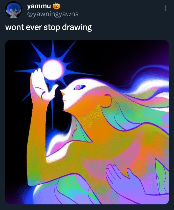the image is a vibrant, digital artwork depicting a stylized female figure with flowing hair.  the figure is rendered in a palette of intense neon and psychedelic colors— predominantly oranges, blues, greens, and purples, which blend and shift across the form. the figure appears to be embracing or holding a glowing, white orb, possibly a sun or moon, emitting radiant rays. the style is surreal and abstract, conveying a sense of cosmic energy, spirituality, or perhaps selflove. the overall aesthetic is dreamy and visually striking.  the art is presented as a tweet from the artist yammu (@yawningyawns).