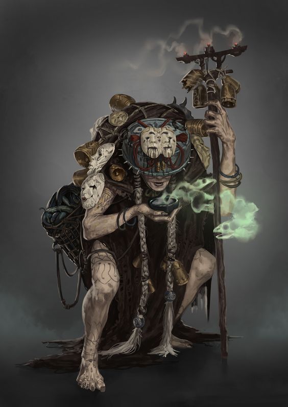 a female character who appears to be a witch, standing with her hands outstretched, with a large number of bells and skulls around her, and green smoke swirling around her. the illustration is a digital painting that uses dark and shadowy colors, with the focal point being the witch in the middle of the image.