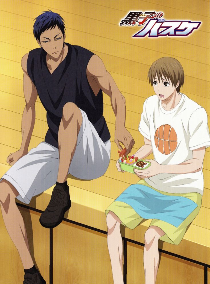 an image from the anime kuroko's basketball featuring seijuro akashi and ryota kise. they are sitting on a wooden bench, casually dressed, and sharing a lunchbox.  akashi, with his dark hair and muscular build, is in a dark shirt and white shorts. kise, with lighter hair, wears a white tshirt with a basketball graphic and lightcolored shorts. the background is a yellowtoned wood paneling. the kuroko's basketball logo is visible in the upper right corner. the scene suggests a relaxed moment between the two characters.