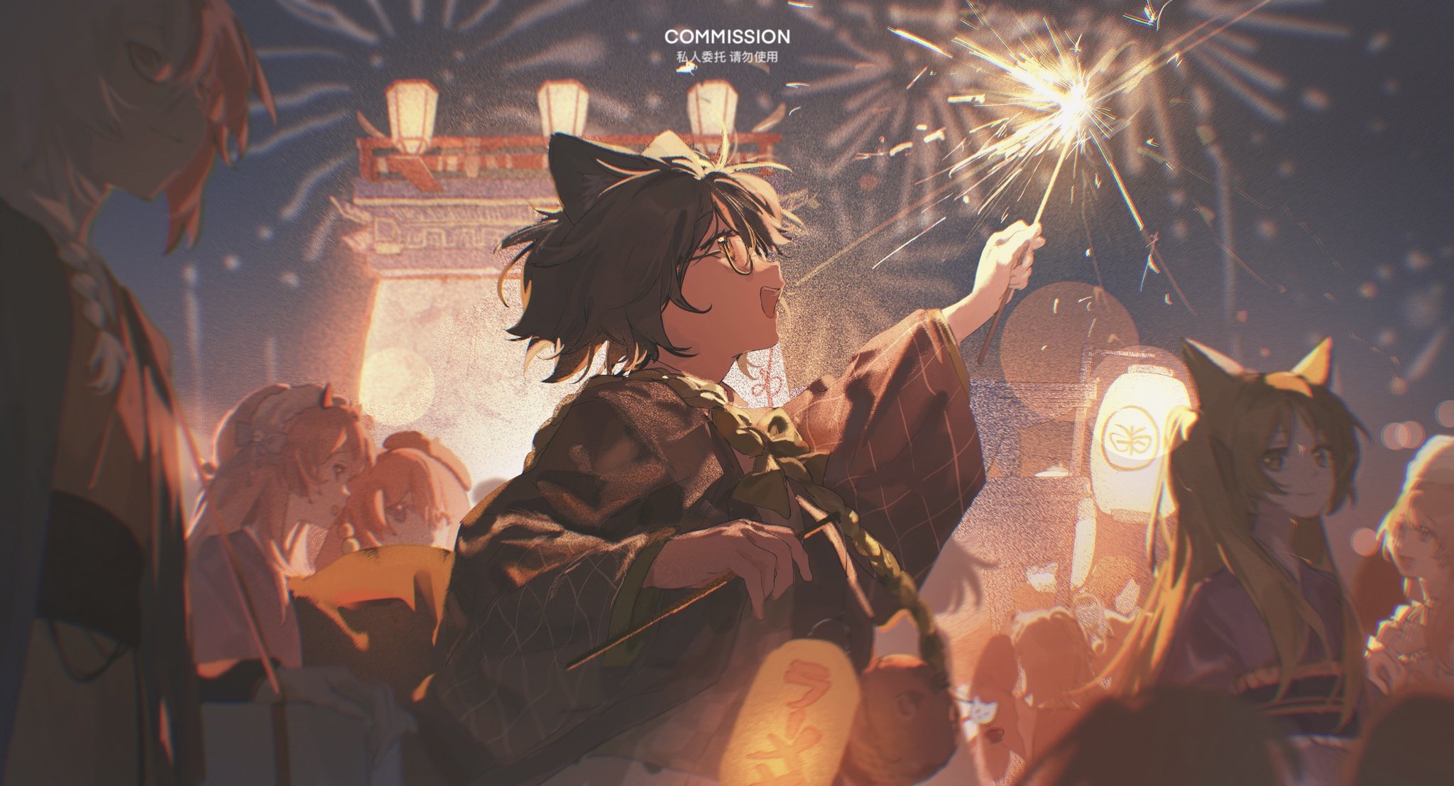 the image is of a group of anime girls in a festive setting. the girls are wearing traditional japanese clothing, such as kimonos and yukatas, and they are holding sparklers and lanterns. they are smiling and happy, and there is a warm, celebratory atmosphere in the image. the background is filled with fireworks and lanterns, creating a beautiful and festive scene. the art style is colorful and vibrant, and the girls are drawn in a cute and attractive manner. overall, the image conveys a sense of joy and celebration, making it a cheerful and uplifting piece of art.