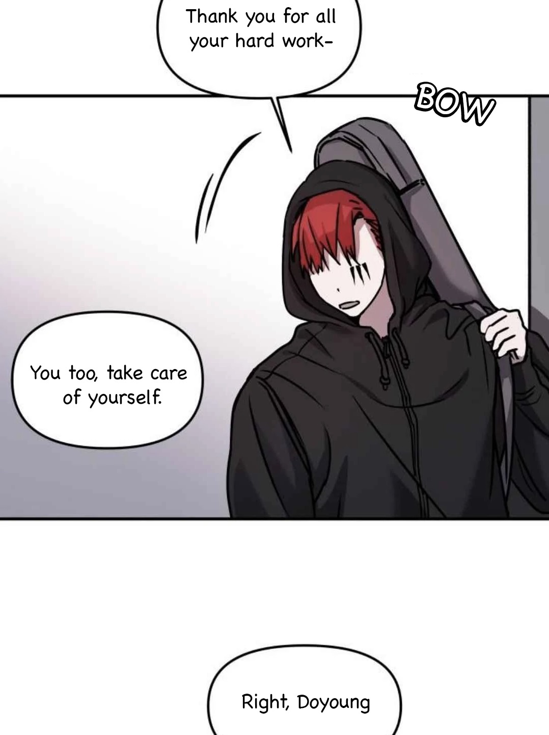 he image is a panel from a manhwa or webtoon. it shows a young man with red hair wearing a black hooded jacket and carrying a guitar case. he bows slightly, and speech bubbles indicate a conversation. one bubble says "thank you for all your hard work," another says "you too, take care of yourself," and a third says "right, doyoung." the style is typical of korean webtoons.