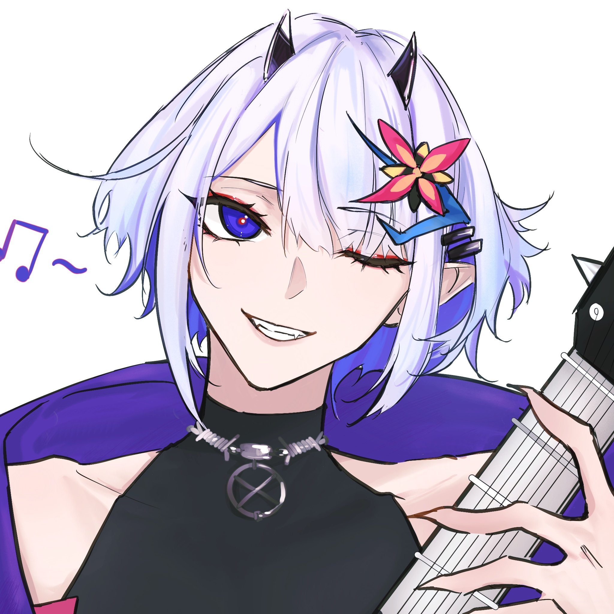 a cartoon anime girl with white hair and blue eyes is winking and smiling while playing a guitar, she is wearing a punk style outfit and has a music note above her head.