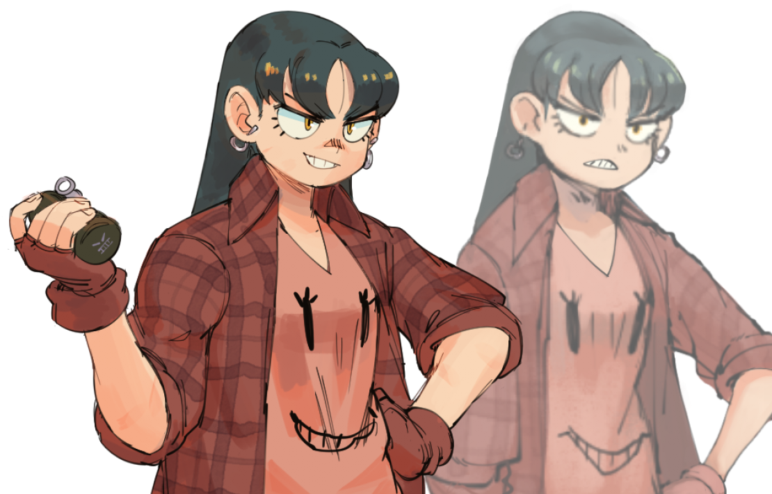 this is a digital illustration of an anime girl character. she has black hair with bangs and is wearing a red plaid shirt. she has a serious expression on her face and is holding a grenade in her right hand. the background is white. the image appears to be a manga style drawing.