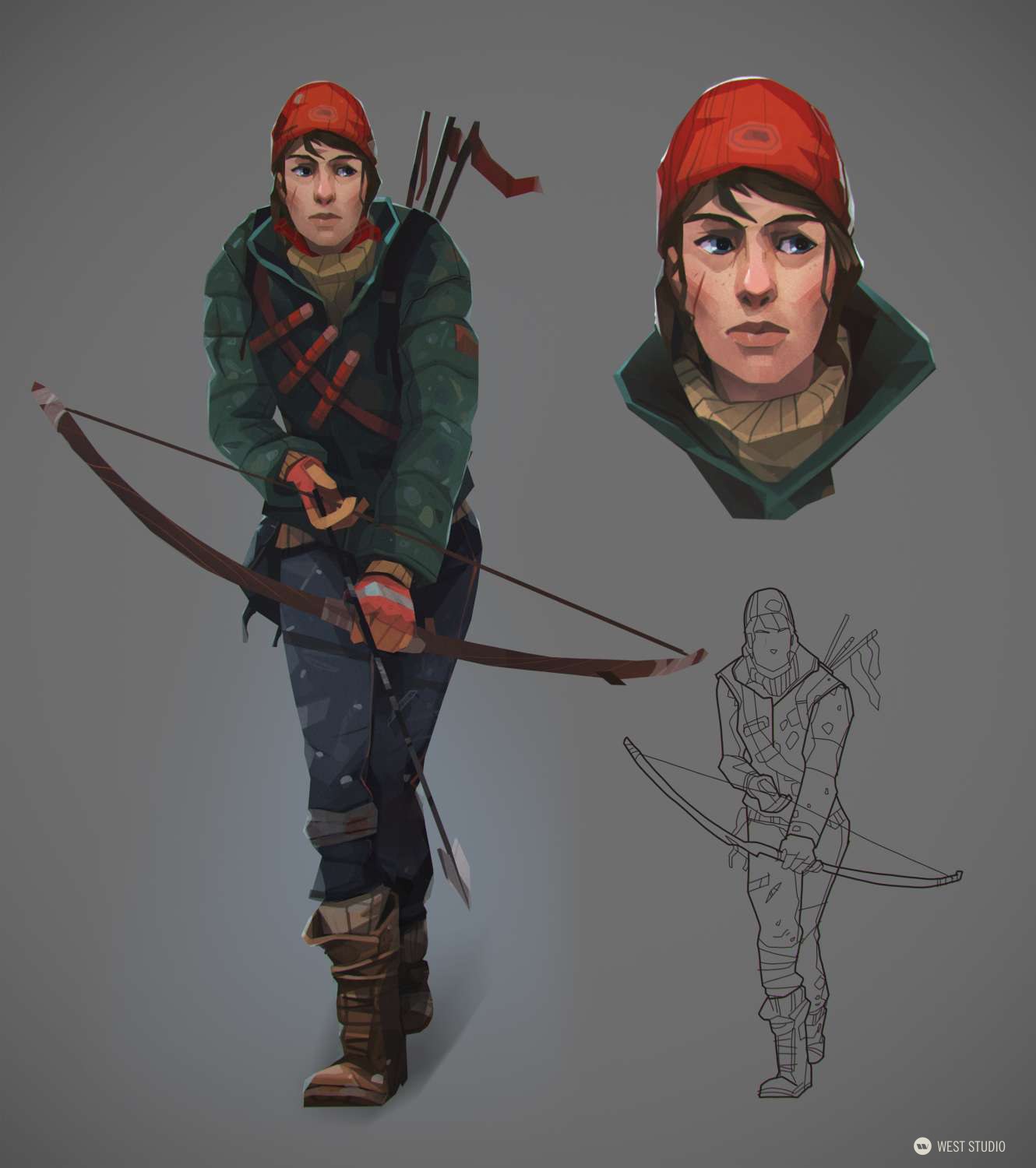 the image shows concept art for a female character, likely an archer or hunter, set against a plain grey background. there are three depictions of the character: a fullcolor illustration in a dynamic pose, a detailed headshot, and a line art version focusing on pose and equipment. the character is equipped with a bow and arrows, wearing winter clothing.  she has a determined expression and appears ready for action.