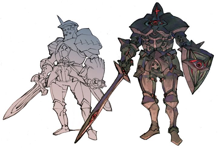 the image shows concept art for a knight character. on the left is a grayscale sketch of a knight in full plate armor, wielding a sword and shield. on the right is a colored version of the knight, with darker, more detailed armor, a distinct helmet with an eye symbol, and a shield with a similar symbol.  both figures are depicted in a dynamic pose, suggesting readiness for battle. the style is reminiscent of fantasy video game art.