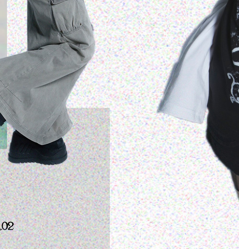 the image is a fashion collage featuring two models showcasing different clothing styles.  on the left, a model is partially shown wearing oversized grey cargo pants and black sneakers.  on the right, a model is partially shown, wearing a black graphic tshirt layered over a white shirt.  the background is a textured, speckled white surface with a grainy effect.  the overall aesthetic is edgy and casual, showcasing streetwearinspired clothing.  the number ".02" is present in the bottom left corner.