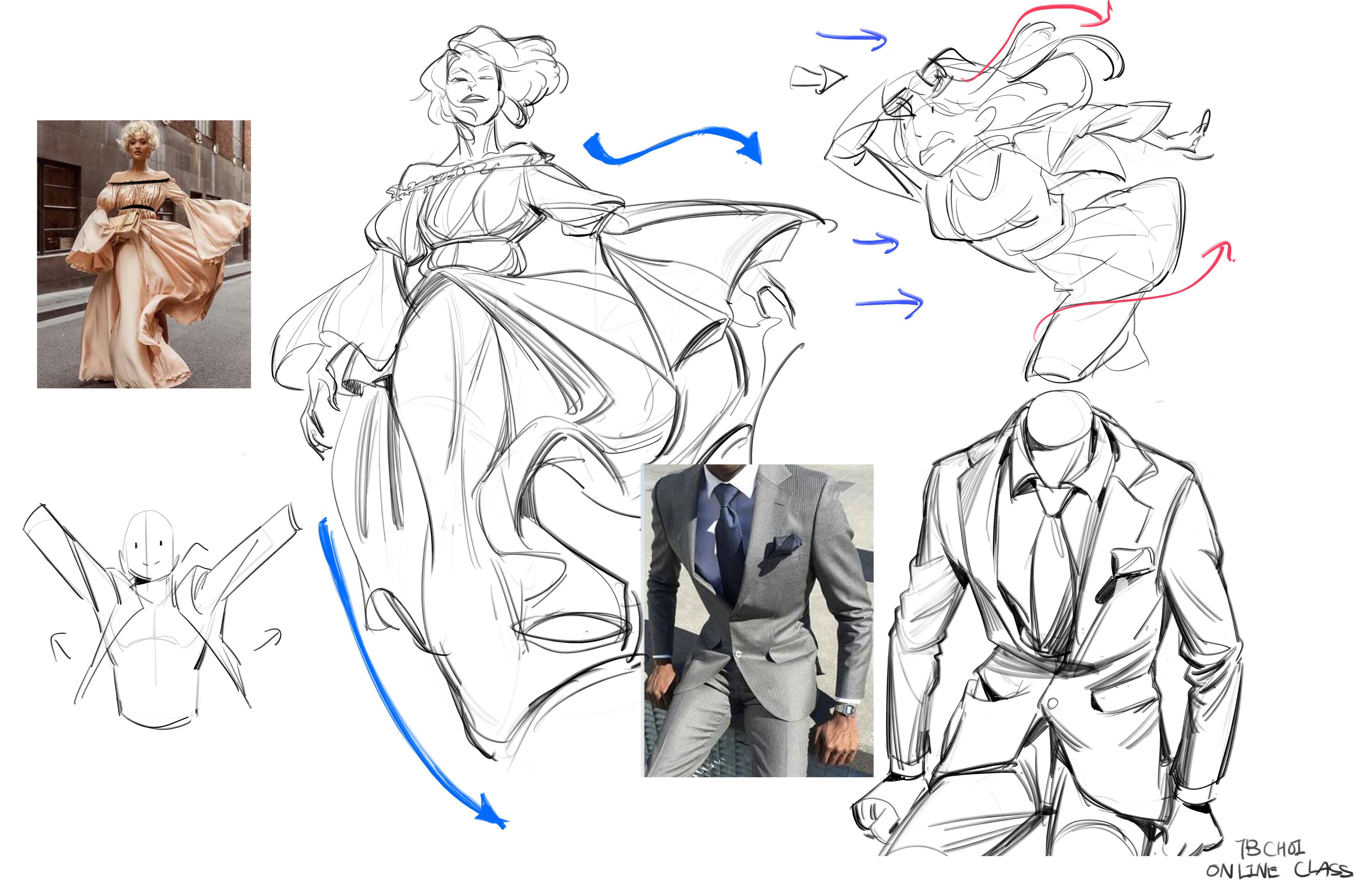 he image is a collection of fashion and figure drawings, likely from an online art class. it shows various sketches in different styles: a woman in a flowing dress: a detailed sketch of a woman in a long, billowing dress, demonstrating movement and fabric flow.  arrows indicate the direction of movement. a woman in a more dynamic pose: a sketch of a woman in a more active, dynamic pose. arrows indicate the direction of hair and movement. a man's suit: a detailed sketch of a man's suit showing texture and folds. a headless figure in a suit: a sketch of a suit on a headless mannequin, focusing on the clothing's form. basic figure studies: simple sketches of basic human poses, used as foundational figure studies. photo reference: a photograph of a woman wearing a flowing dress is included, likely as a reference for the other drawings.the overall style is loose and expressive, emphasizing movement and form over precise detail. the inclusion of arrows suggests a lesson on capturing movement and dynamics in figure drawing.  the text "7bchoi online class" suggests the source of the image.