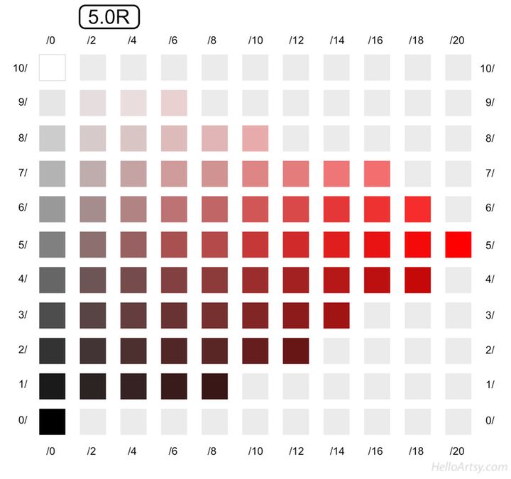 the image is a color chart for red (5.0r) showcasing different intensities or values of the color. the chart is arranged in a grid, with rows labeled 0/ to 10/ and columns labeled /0 to /20. the colors range from black at the bottom left to white at the top left, with increasing red intensity towards the right side of the chart. some blocks towards the right are blank, indicating a limited range for certain values.