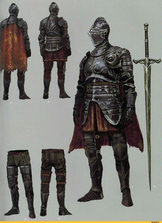 the image showcases detailed concept art of a knight, likely from a video game. the knight is clad in intricate plate armor with a flowing red cape.  the art presents front, back, and side views of the knight, as well as closeups of the leg armor. the knight stands with a longsword held upright beside them. the style is dark and evocative of a fantasy setting.