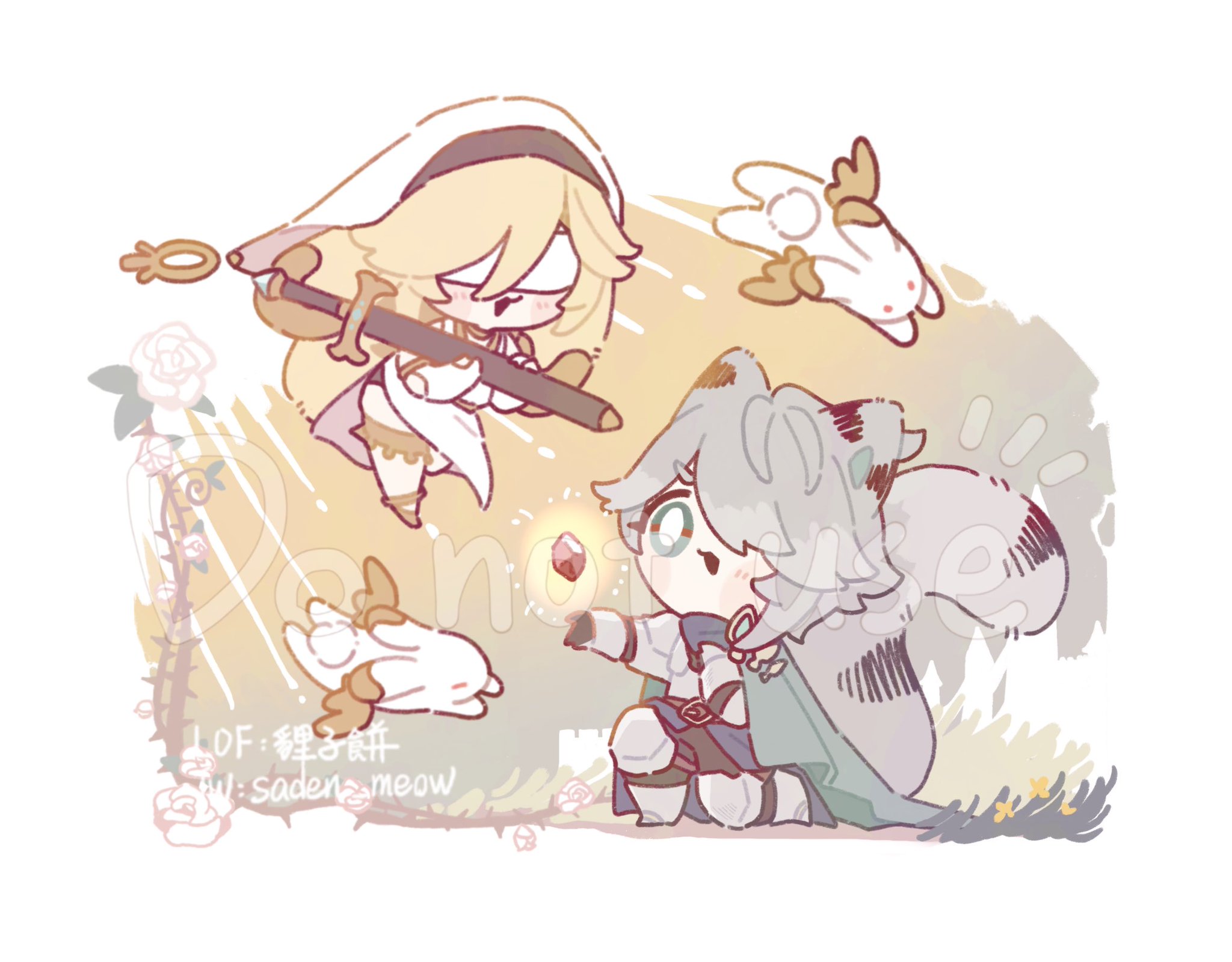 the image is a charming chibistyle fanart depicting jean (genshin impact) and raiden shogun (genshin impact) in a whimsical scene. jean, with blonde hair and a white dress, holds a sword and is depicted as a magical girl. raiden shogun, with silver hair and raccoonlike ears and tail, sits calmly.  both characters are surrounded by small, adorable bunnylike creatures and roses. the overall aesthetic is light, pastel, and dreamy, with a glowing effect surrounding jean. the art style is cute and expressive, focusing on the characters' endearing features.