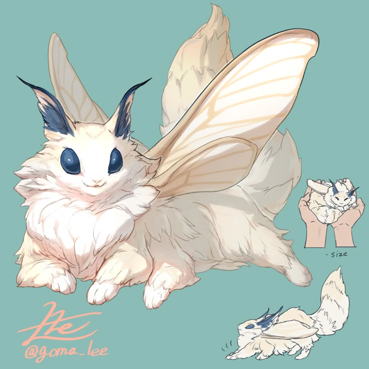 the image shows an illustration of a white, fluffy creature that resembles a cross between a moth and a rabbit. it has large blue eyes, bluetipped ears, mothlike wings, and a fluffy tail. the drawing also includes a smaller version of the creature being held in someone's hands for size comparison, and another small drawing of the creature running. the artist's name, @goma_lee, is written at the bottom.