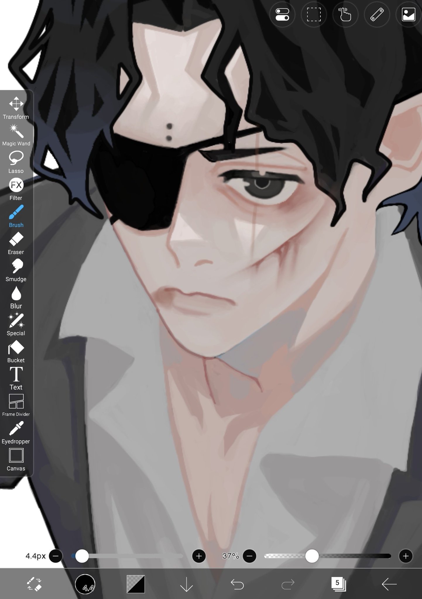 this is a closeup digital illustration of a male anime character's face. he has white hair, grey and black clothing, and an eyepatch covering his left eye. his right eye is visible, and there is a large scar on his cheek that goes under his eye. the illustration is partially complete, and it appears to be being edited using a digital art application on a tablet.  the tools that appear in the image suggest that the artist is using digital tools to edit a piece of digital art.