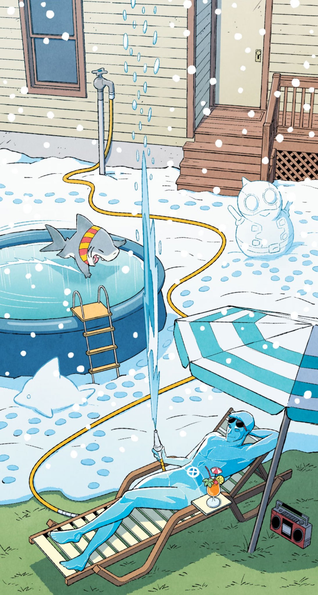this is a cartoon illustration from a marvel comic book featuring iceman. it depicts a humorous contrast between a winter scene and a summery setting. iceman is relaxing on a lounge chair by a pool in the snow, while a shark is in the pool and a snowman stands nearby. a hose is spraying water, further emphasizing the incongruity. the style is lighthearted and colorful.