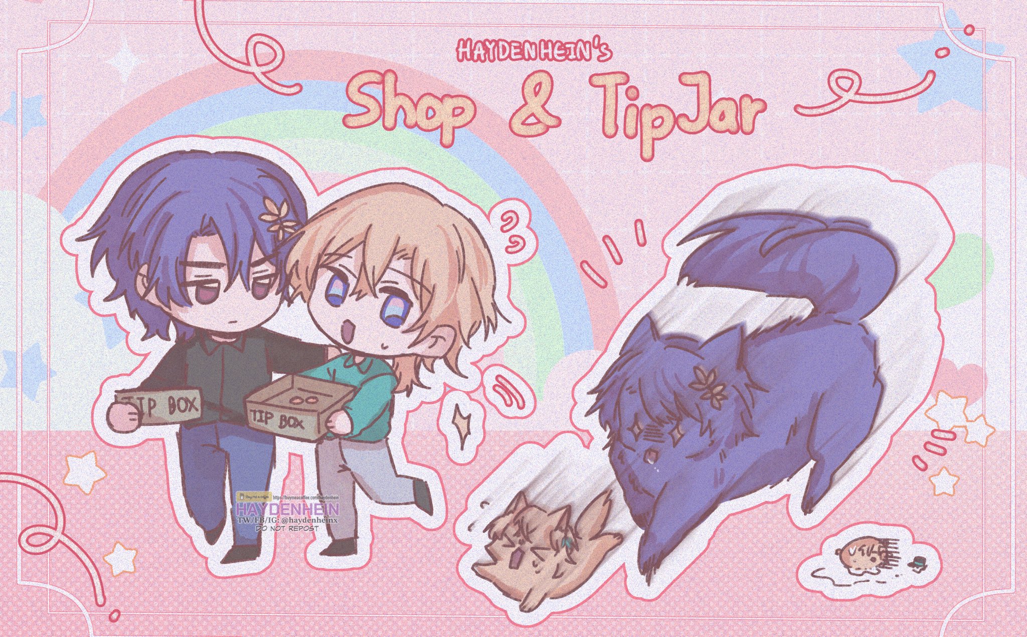 the image is of an anime style illustration. the background is a pastel pink with a rainbow.  there are 3 anime characters. the two on the left are holding tip boxes. the one on the right is a blue wolf character. the wolf is looking away from the camera.  the characters are drawn in a cute and stylized way.  the scene is very adorable and upbeat.