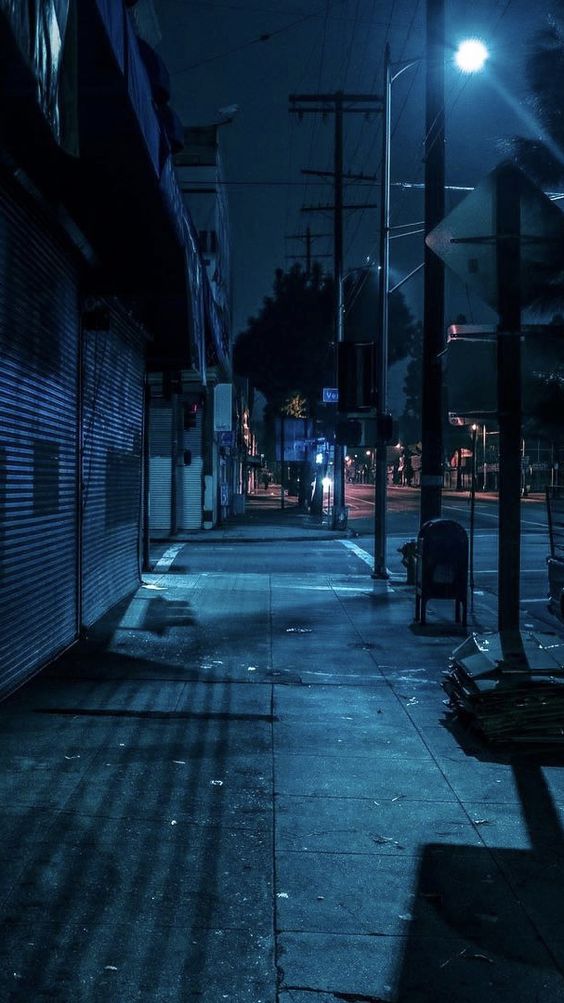 a deserted city street at night, illuminated by a lone streetlight. the street is lined with buildings, their metal shutters pulled down. the overall color scheme is dark blue and green, creating a moody and atmospheric image.