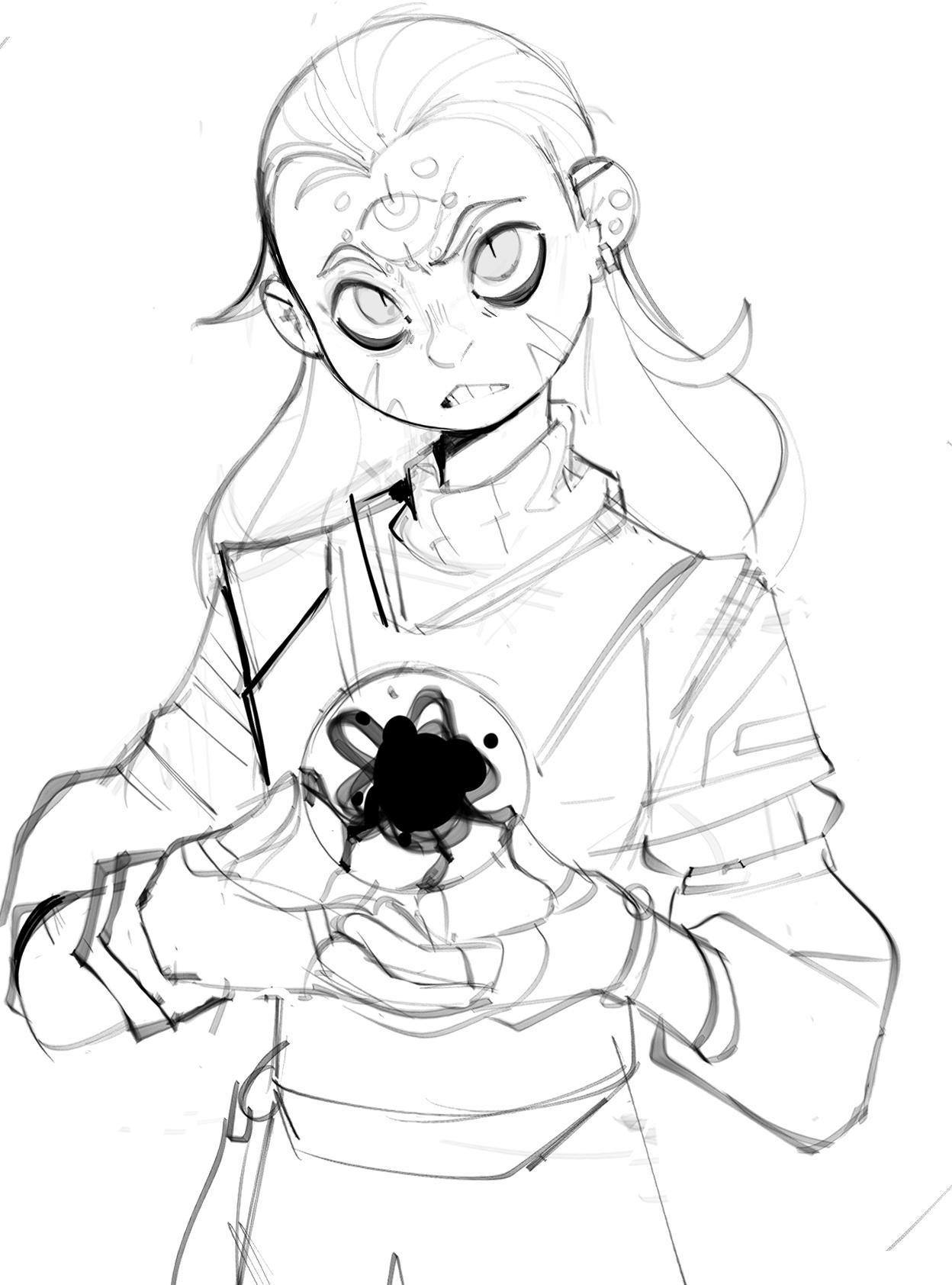 a pencil sketch of a female character with a serious expression on her face and a third eye. she is wearing a futuristic jacket and holding a black orb in her hands.