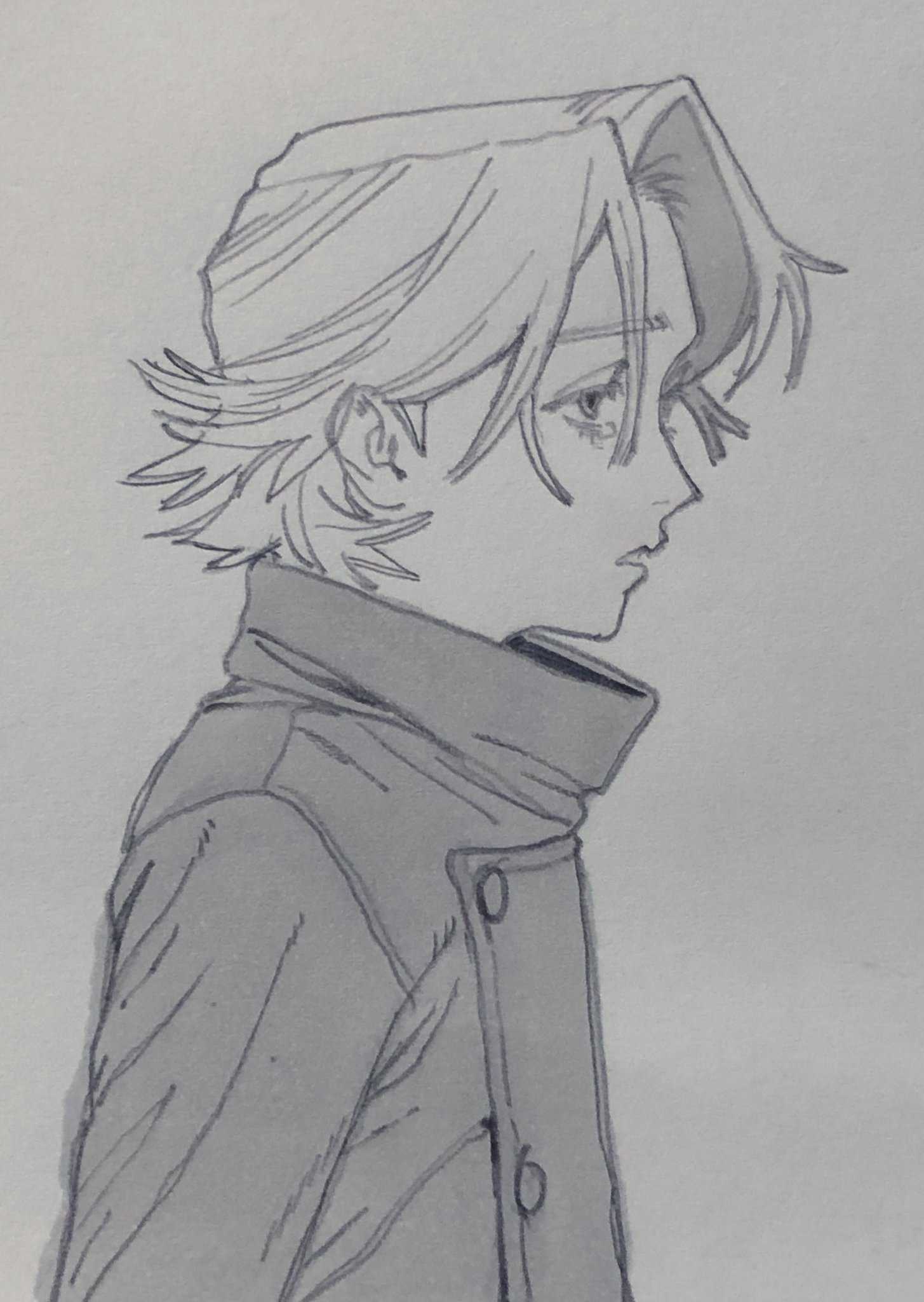 a black and white pencil sketch of a young man from the chest up, facing left, with a contemplative or sad expression. he has mediumlength hair and is wearing a collared jacket. the drawing style is reminiscent of anime or manga.
