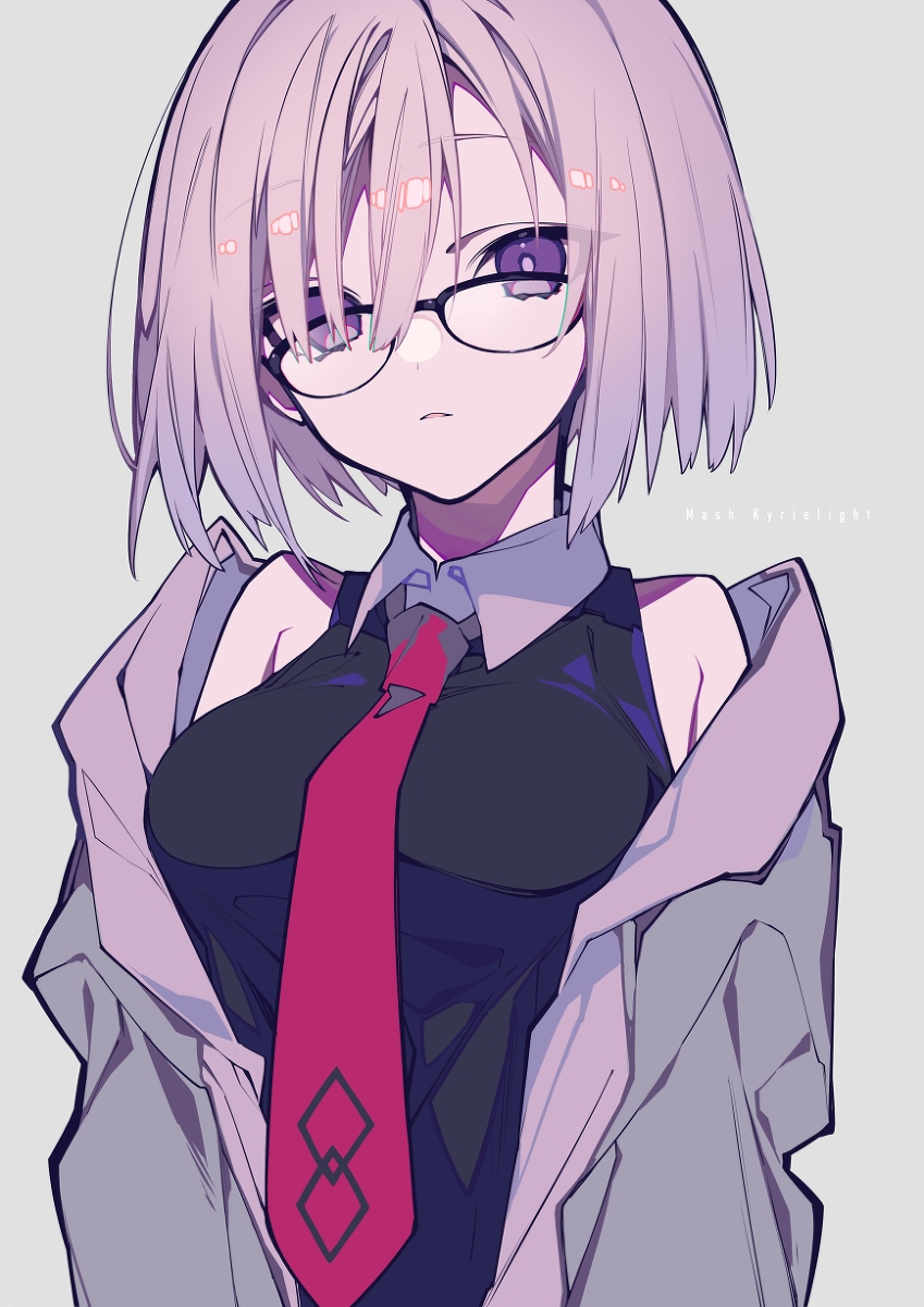 image of an anime woman with short blonde hair and purple eyes. she is wearing glasses, a black shirt, and a red tie with two diamond shapes on it. she also has a light purple jacket on.
