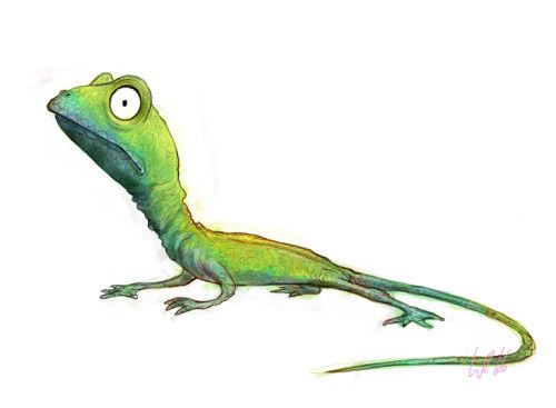 a cartoon illustration of a green lizard with a long neck and tail, looking up with a funny, wideeyed expression.