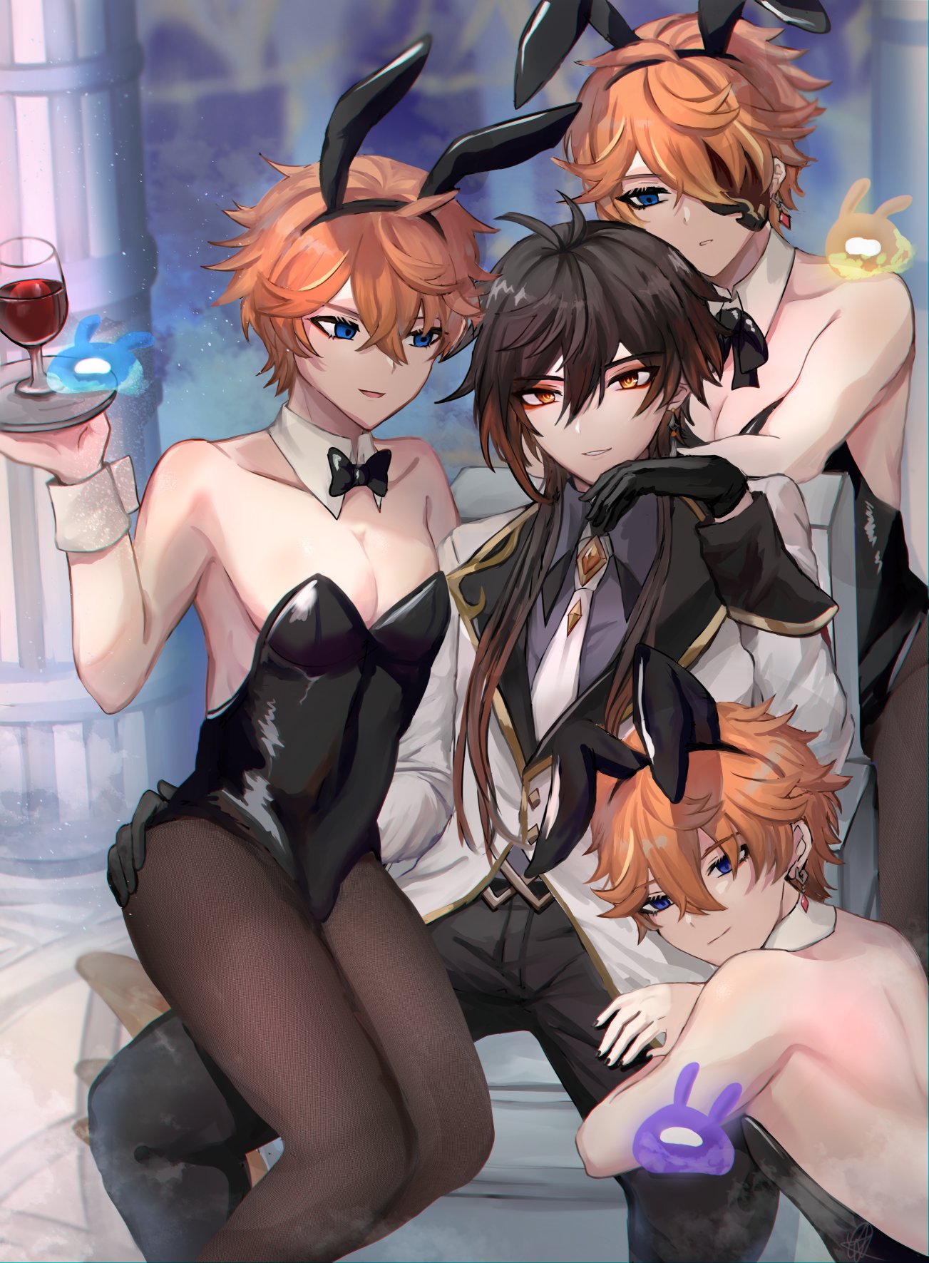 this is a picture of four anime boys, each wearing a bunny costume. the boy in the middle is wearing a white suit and black gloves. he is holding a glass of red wine. the boy on the left is wearing a black bunny suit and is holding a glass of wine. the boys on the right are both wearing bunny costumes and are sitting on a chair.